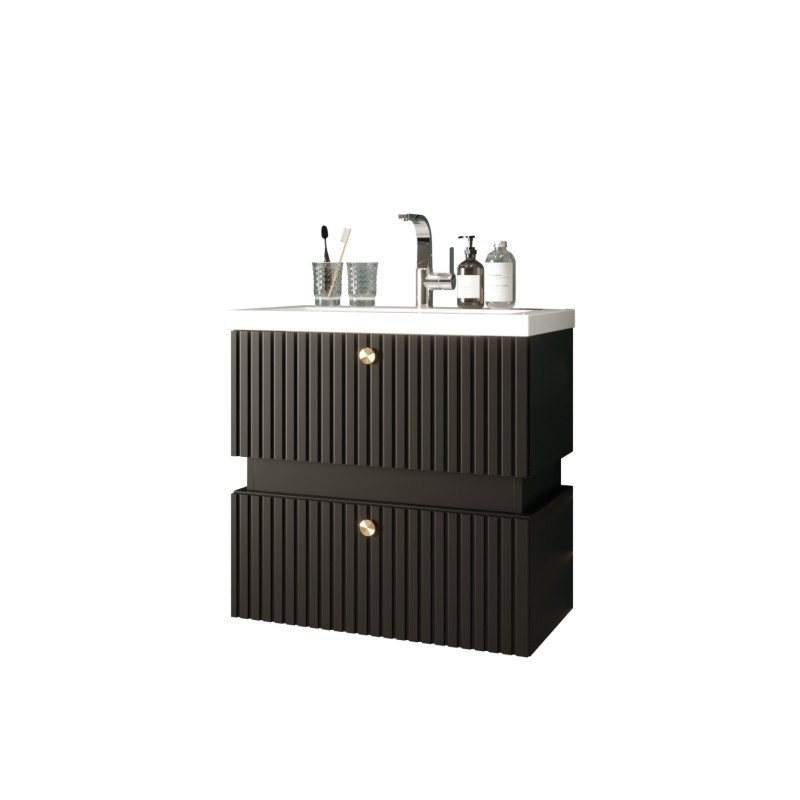 Zestaw Tiko - Szafka pod Umywalkę i Lustro, Czarny Mat, Złote Uchwyty | Meublia