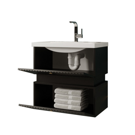 Zestaw Tiko - Szafka pod Umywalkę i Lustro, Czarny Mat, Złote Uchwyty | Meublia