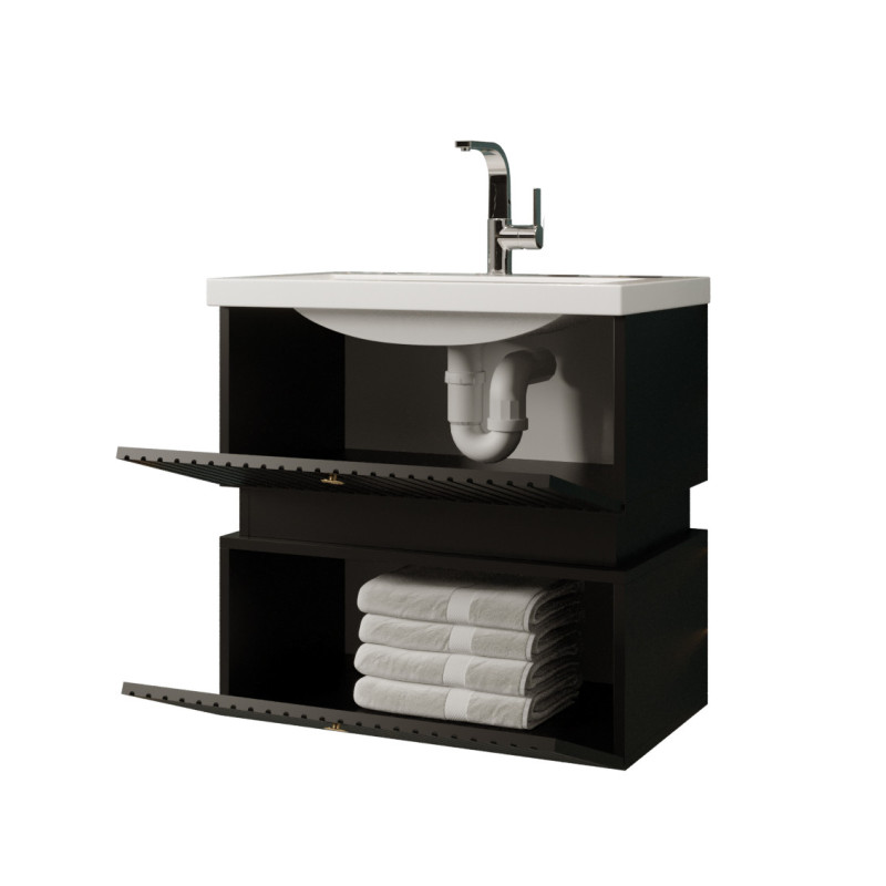 Zestaw Tiko - Szafka pod Umywalkę i Lustro, Czarny Mat, Złote Uchwyty | Meublia