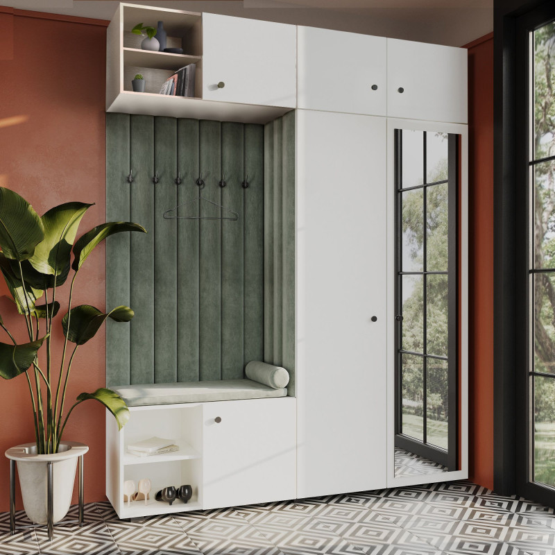 Garderoba Aria wersja 4 biała z lustrem, nadstawką i szafką wiszącą uchwyt gałka