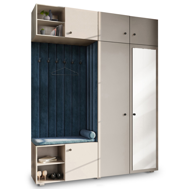Garderoba Aria wersja 4 kaszmir z lustrem, nadstawką i szafką wiszącą uchwyt gałka