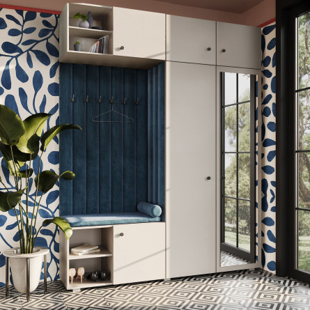 Garderoba Aria wersja 4 kaszmir z lustrem, nadstawką i szafką wiszącą uchwyt gałka