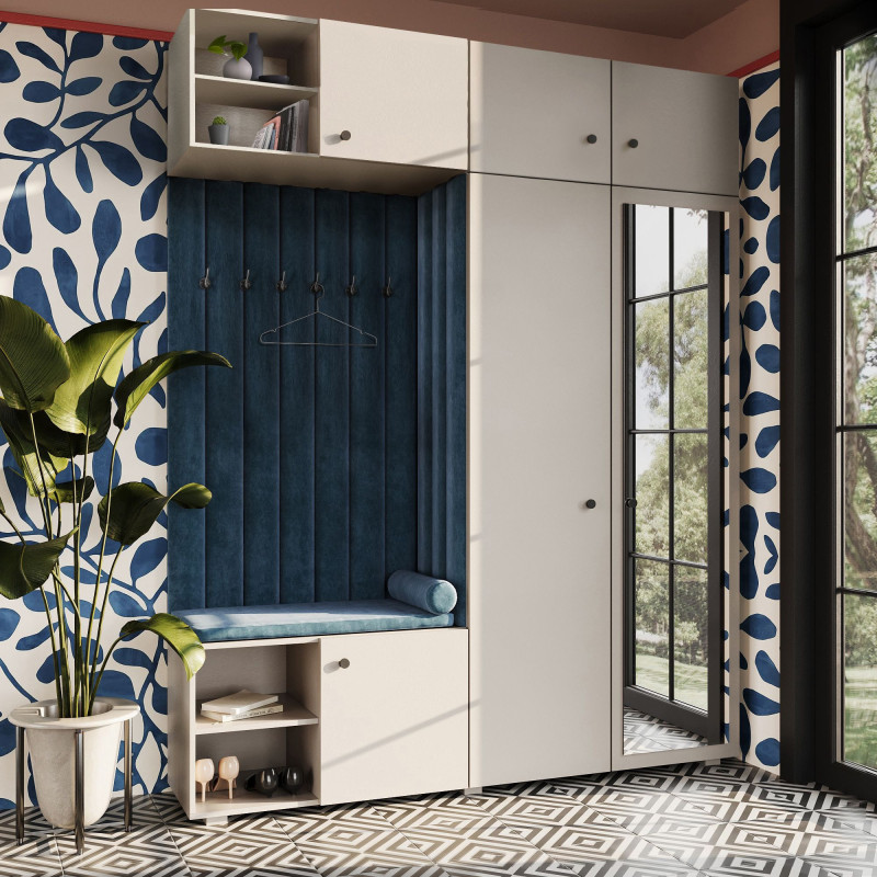 Garderoba Aria wersja 4 kaszmir z lustrem, nadstawką i szafką wiszącą uchwyt gałka