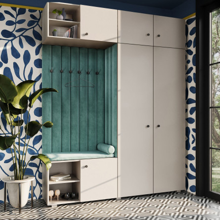 Garderoba Aria wersja 4 kaszmir z nadstawką i szafką wiszącą uchwyt gałka