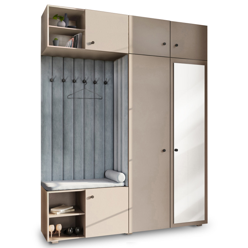 Garderoba Aria wersja 4 piasek pustyni z lustrem, nadstawką i szafką wiszącą uchwyt gałka