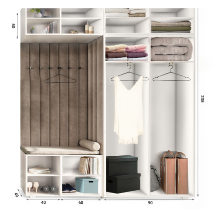 Garderoba Aria wersja 4 biała z lustrem, nadstawką i szafką wiszącą uchwyt półokrągły