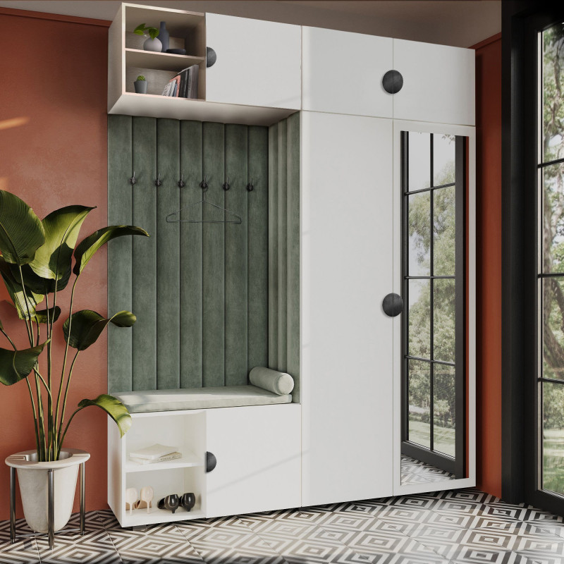 Garderoba Aria wersja 4 biała z lustrem, nadstawką i szafką wiszącą uchwyt półokrągły