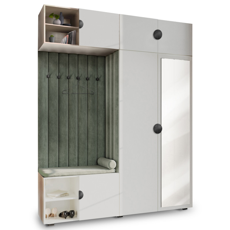 Garderoba Aria wersja 4 biała z lustrem, nadstawką i szafką wiszącą uchwyt półokrągły