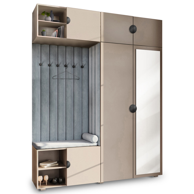 Garderoba Aria wersja 4 piasek pustyni z lustrem, nadstawką i szafką wiszącą uchwyt półokrągły