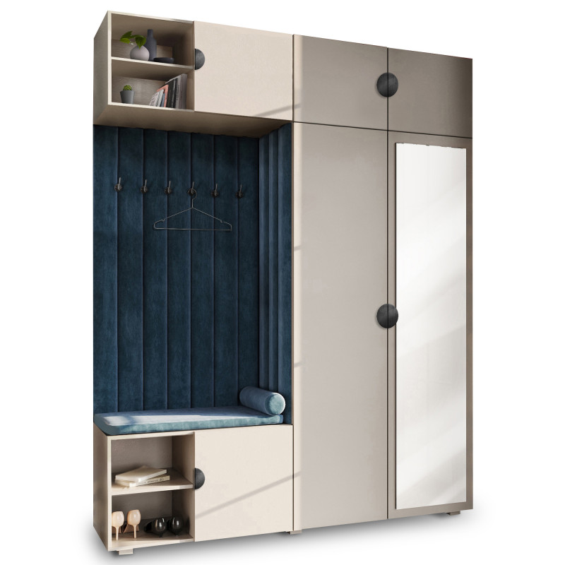Garderoba Aria wersja 4 kaszmir z lustrem, nadstawką i szafką wiszącą uchwyt półokrągły