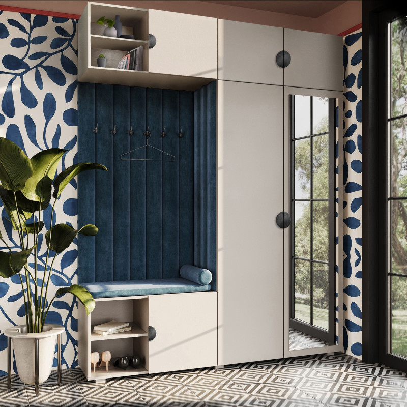 Garderoba Aria wersja 4 kaszmir z lustrem, nadstawką i szafką wiszącą uchwyt półokrągły